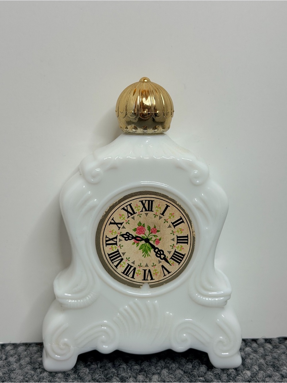 Vintage Avon Milk Glass Mantel Clock Decanter Bottle Gold Cap Floral 1970s